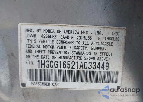 2001 Honda Accord 3.0 Ex из США, поврежденный, VIN 1HGCG16521A033449